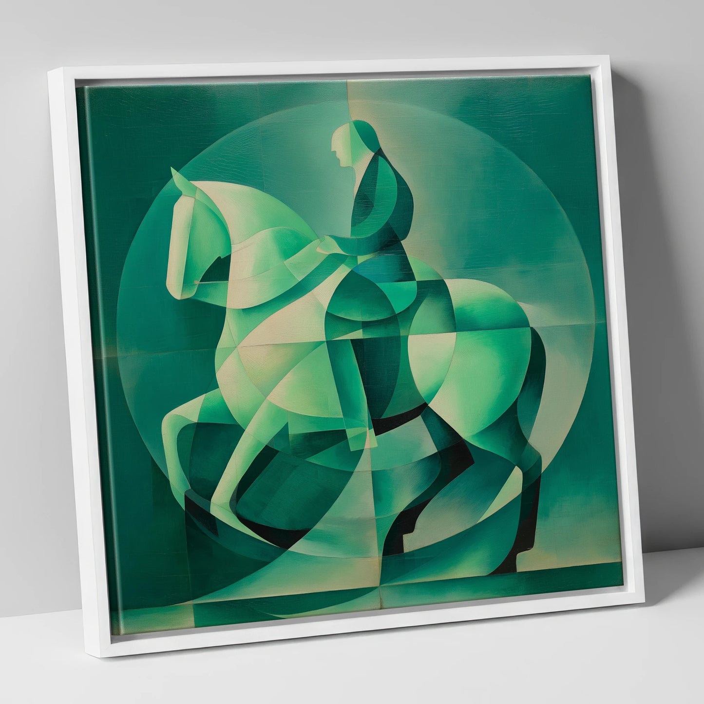 Emerald Cadence dressage horse canvas wall art in white frame