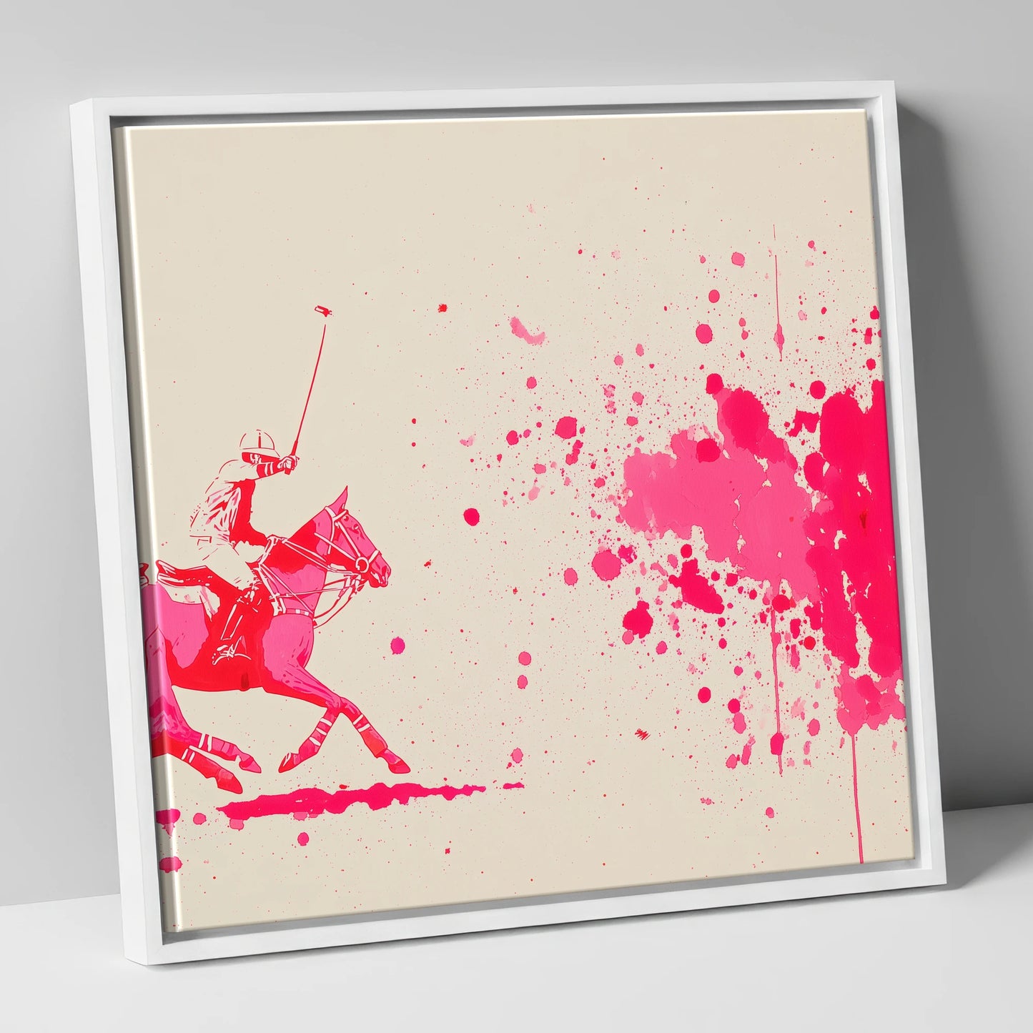 Magenta Polo Strike polo horse canvas wall art in white frame