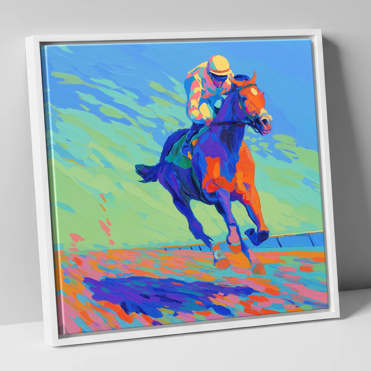Vibrant Homestretch racing horse canvas wall art in white frame