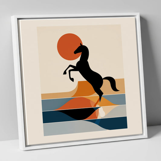 Terracotta Sun Silhouette wild horses canvas wall art in white frame
