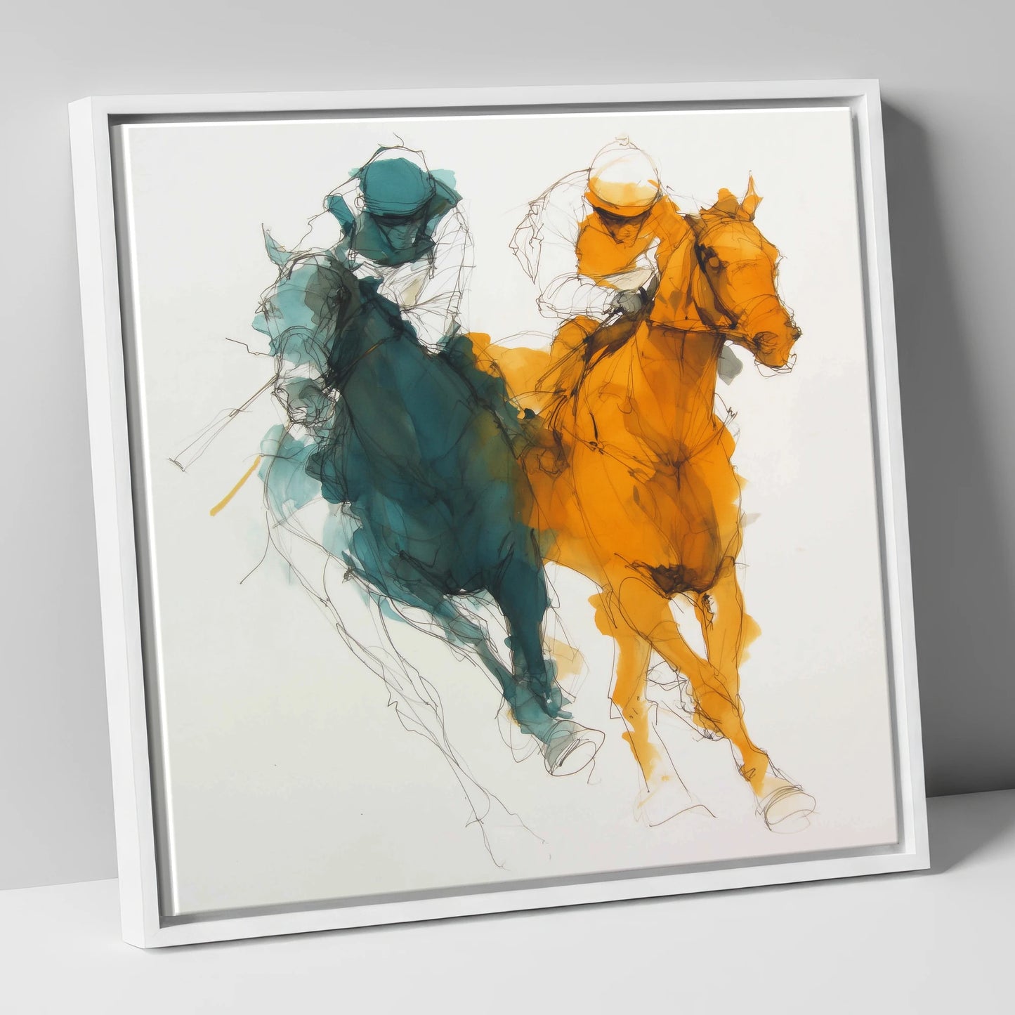 Dynamic Duel racing horse canvas wall art in white frame