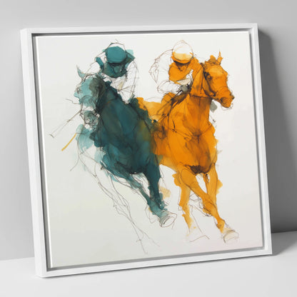 Dynamic Duel racing horse canvas wall art in white frame
