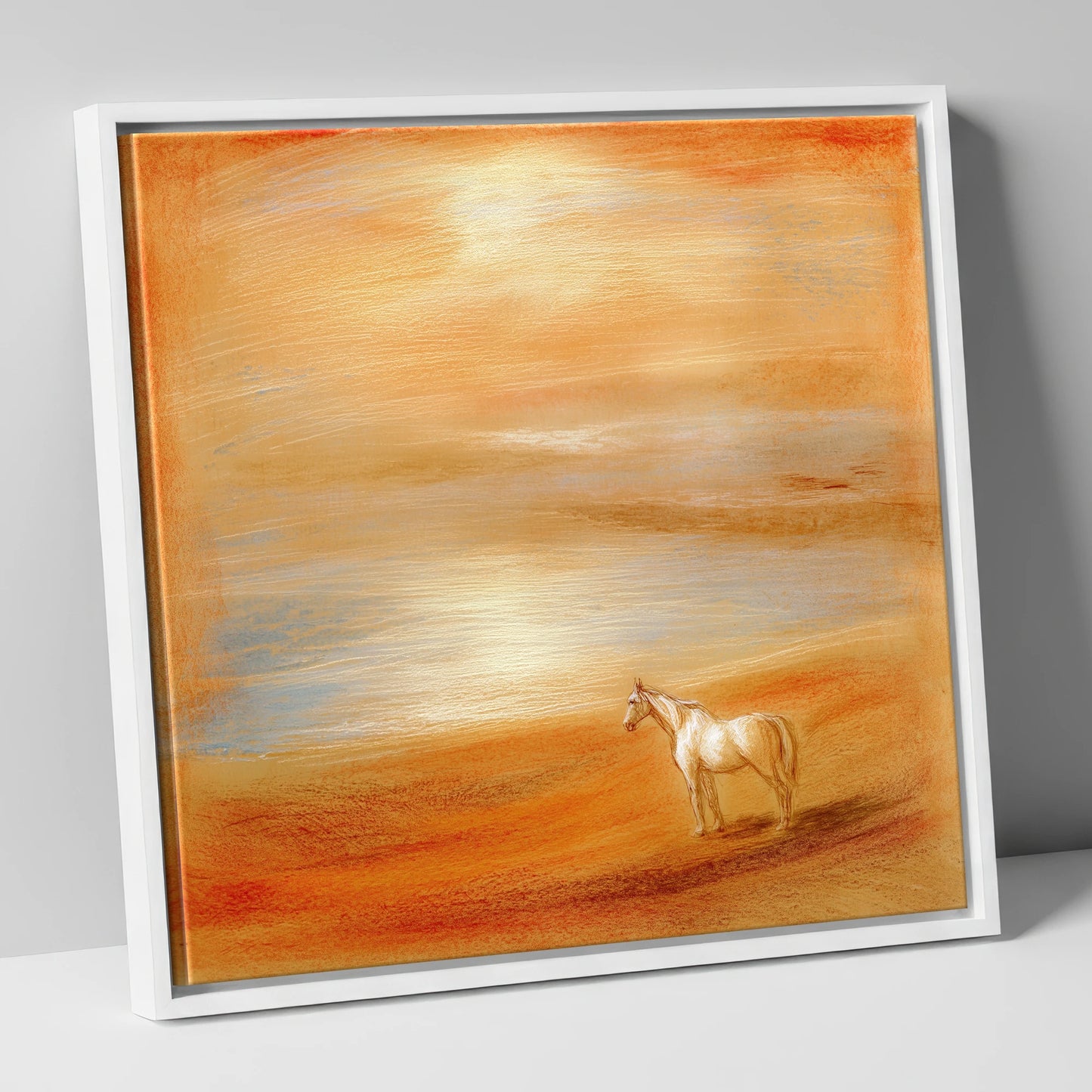 Amber Horizon horse landscape canvas wall art in white frame