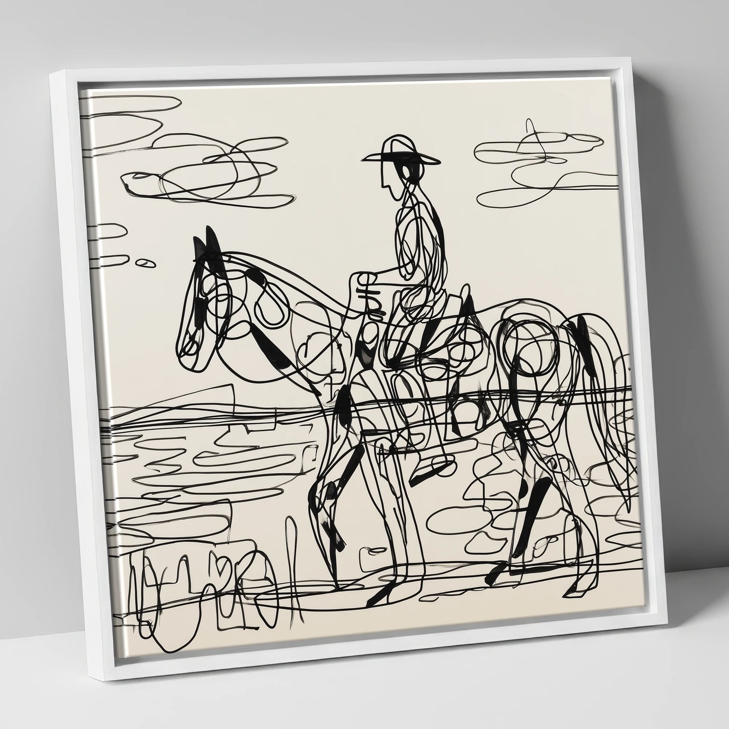 Linear Beach Ride beach horse canvas wall art in white frame