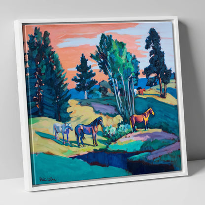 Vibrant Summer Pastures horse landscape canvas wall art in white frame