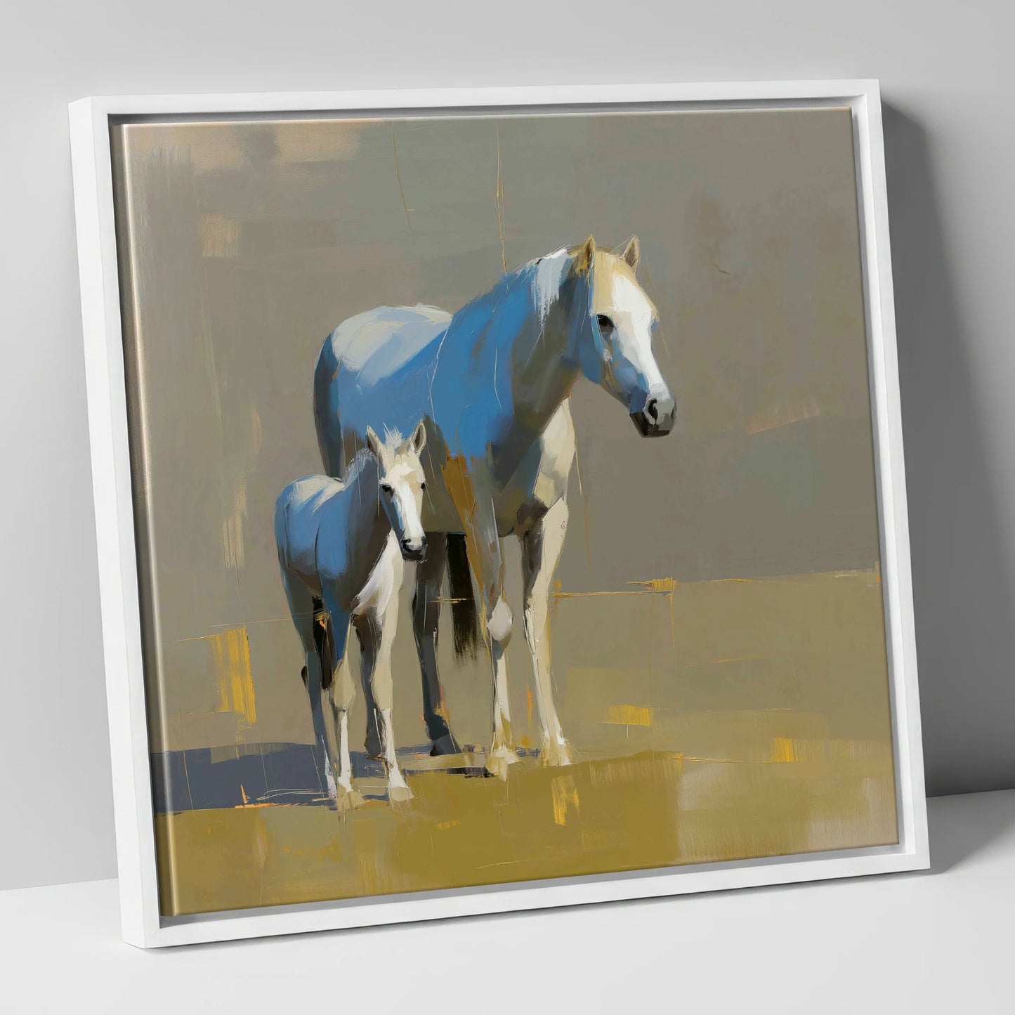 A Mother’s Quiet Watch mare & foal canvas wall art in white frame