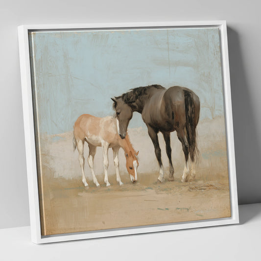 The Quiet Bond mare & foal canvas wall art in white frame