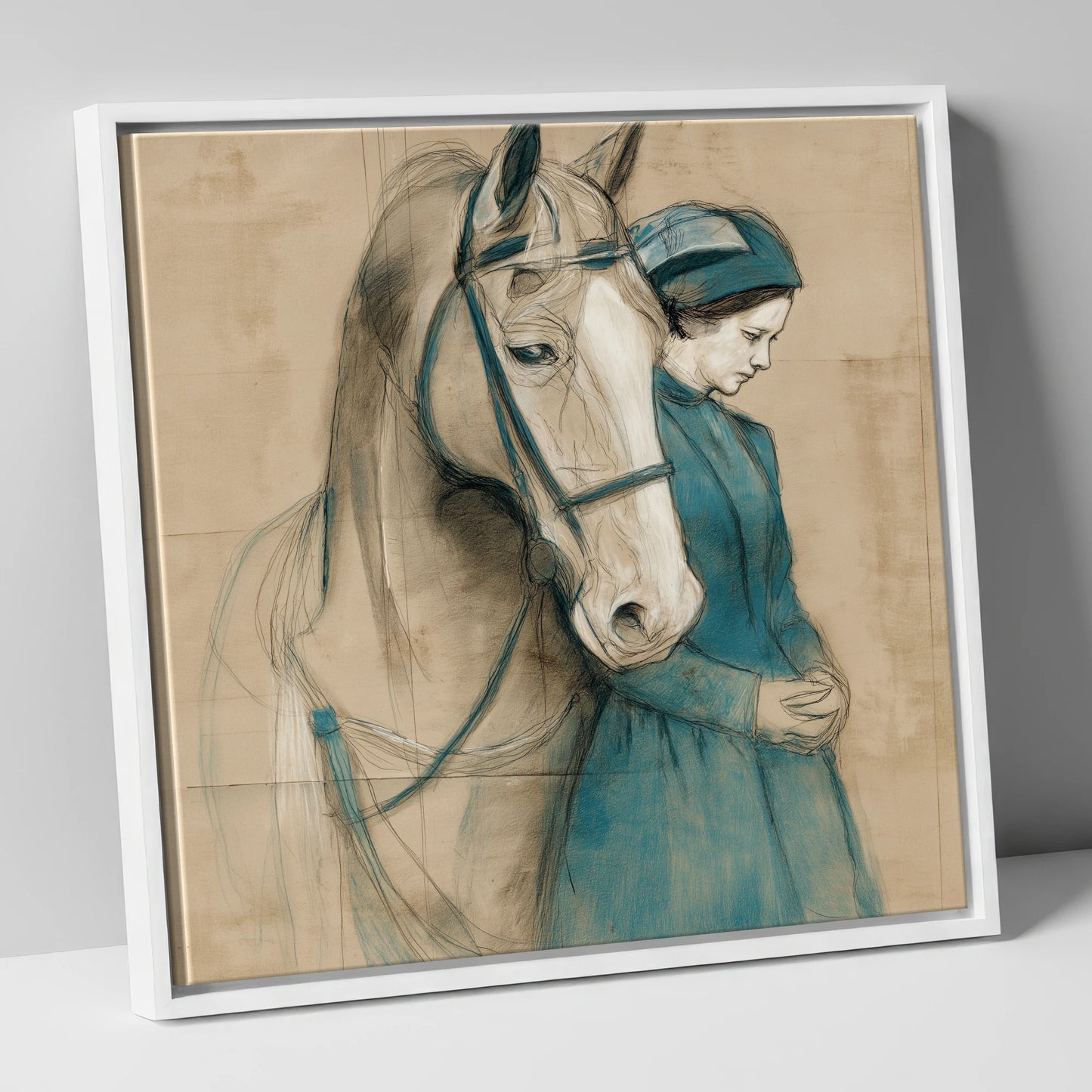 Silent Bond horse & rider canvas wall art in white frame