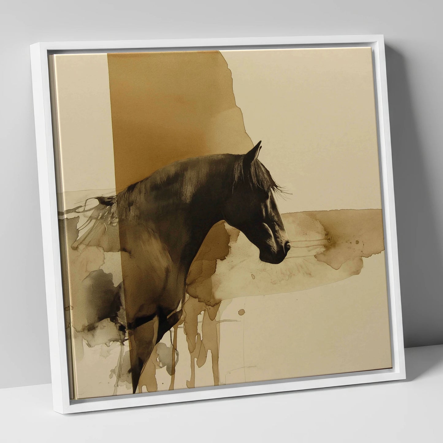 Sepia Silhouette horse breed canvas wall art in white frame