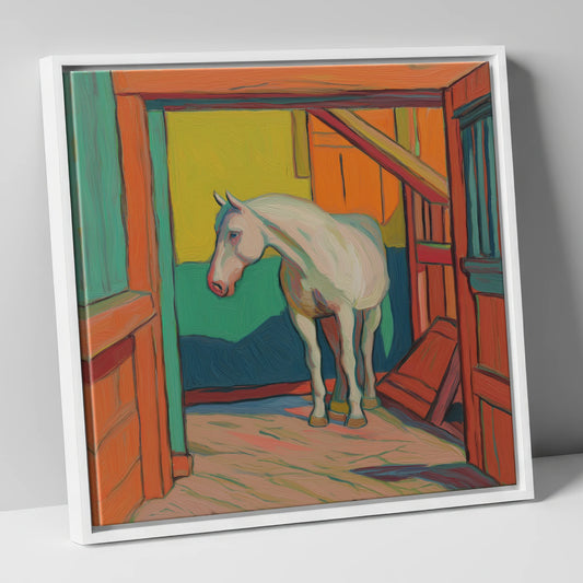 The Vibrant Stable horse stable canvas wall art in white frame