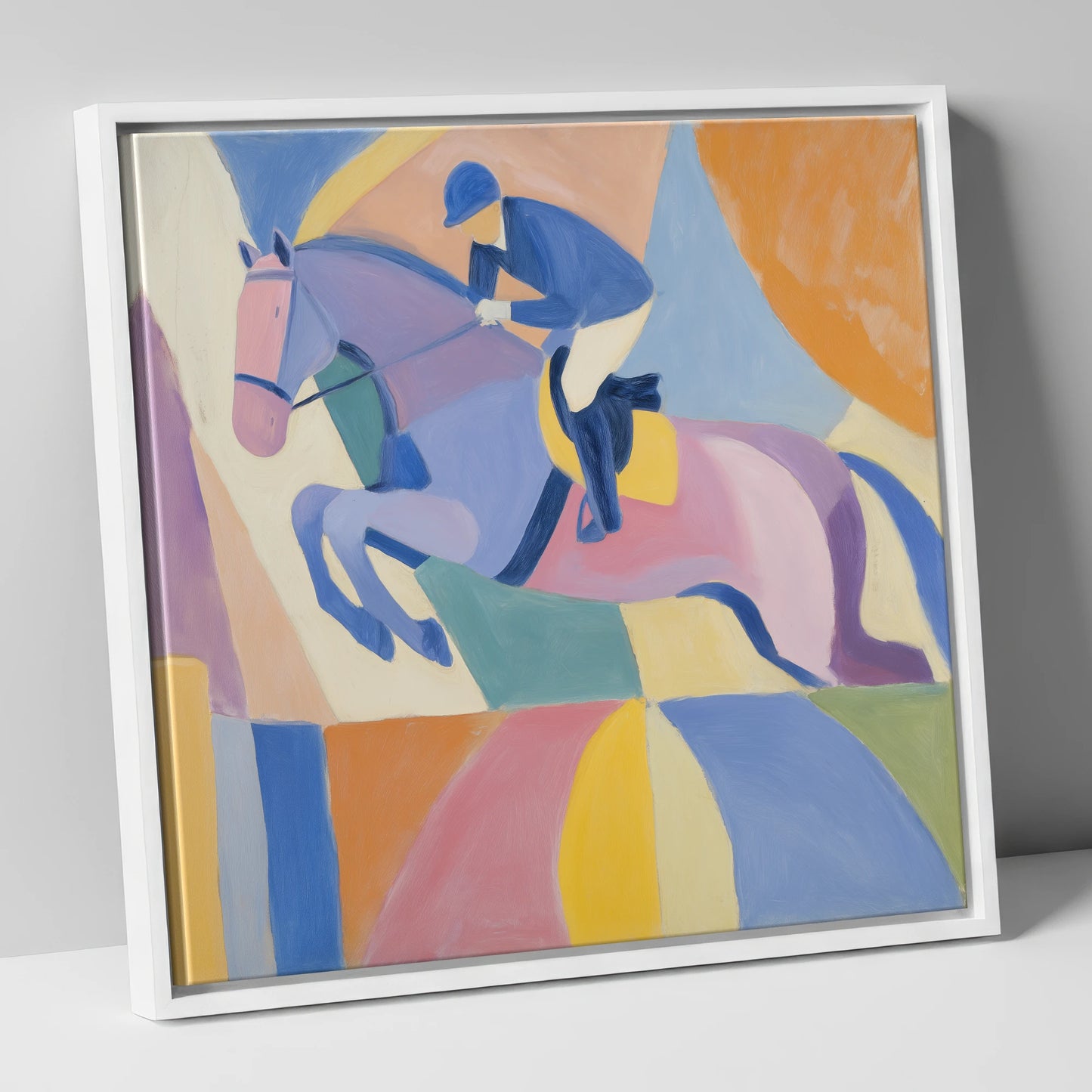 Geometric Flight show jumping horse canvas wall art in white frame
