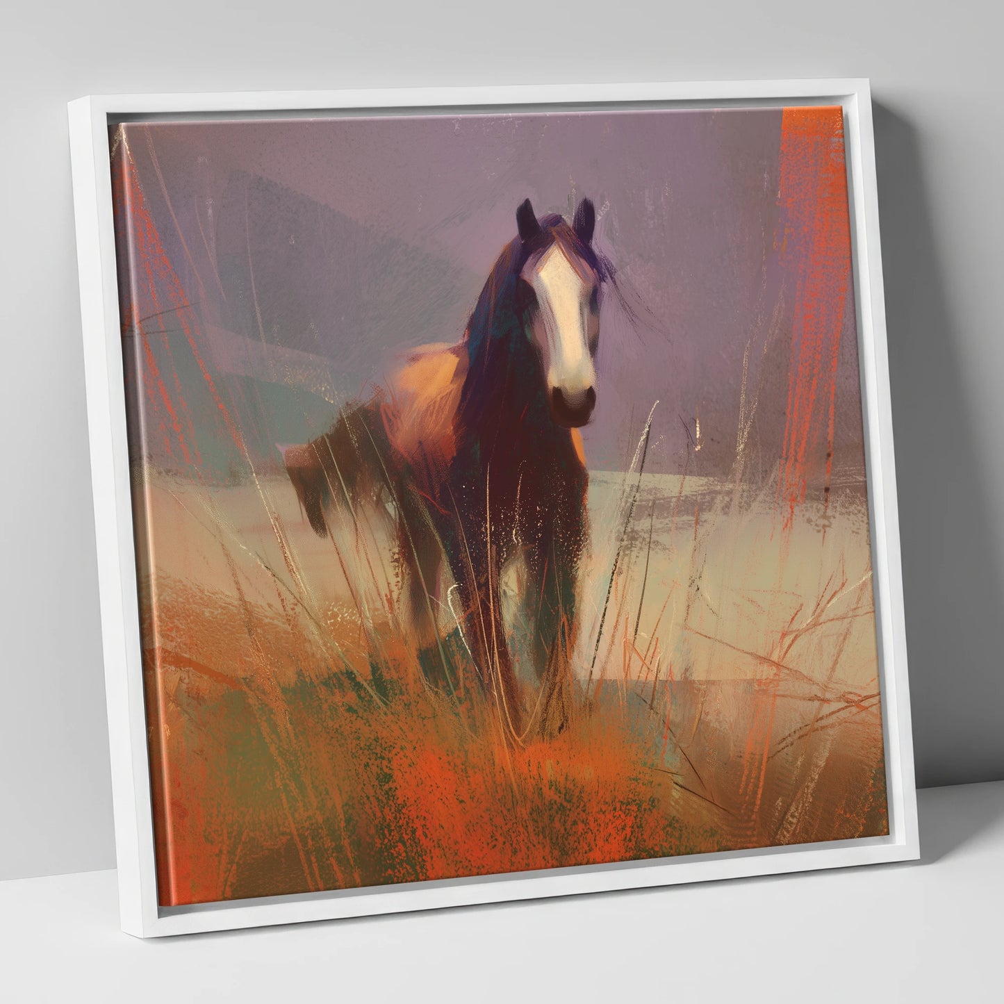 Autumn Sienna Portrait wild horses canvas wall art in white frame