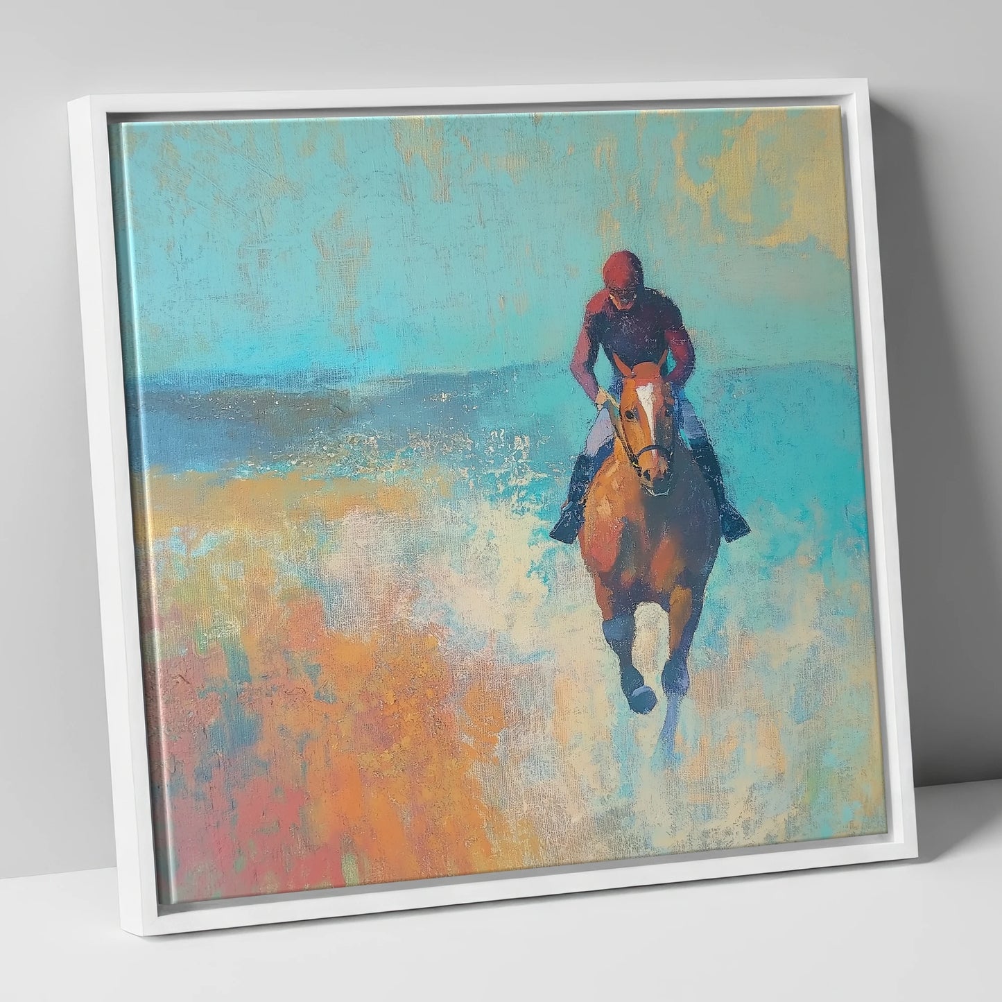 The Morning Gallop racing horse canvas wall art in white frame