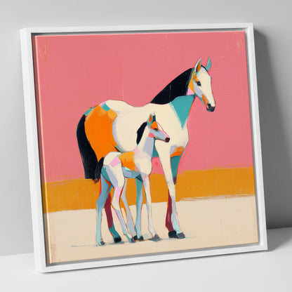 Vivid Painted Bond mare & foal canvas wall art in white frame
