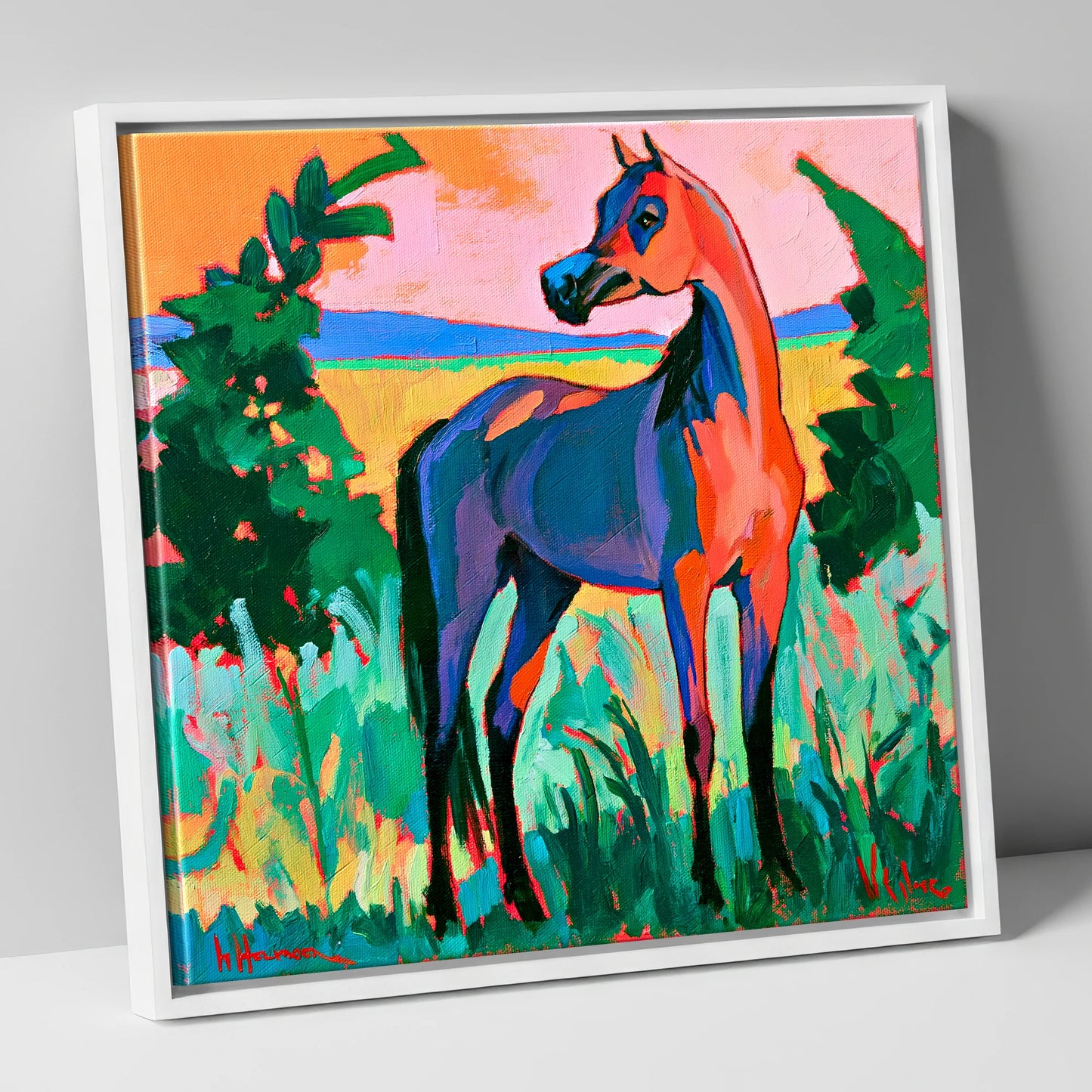 Vibrant Expressionist Arabian Horse horse breed canvas wall art in white frame