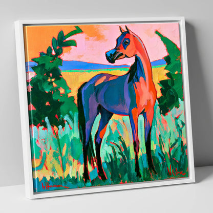 Vibrant Expressionist Arabian Horse horse breed canvas wall art in white frame