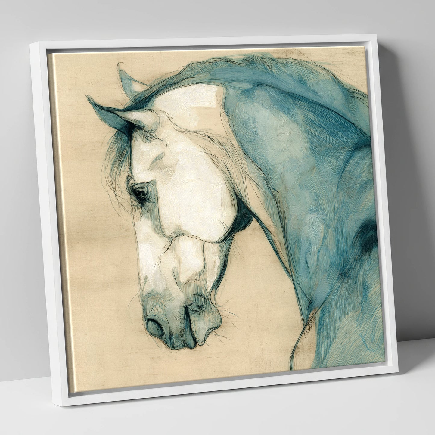 Teal Equine Study horse portrait canvas wall art in white frame