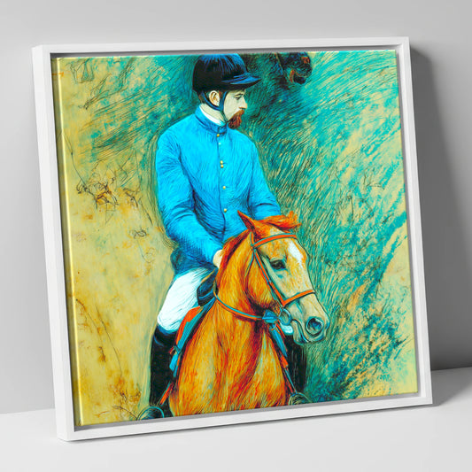 The Cerulean Jockey racing horse canvas wall art in white frame