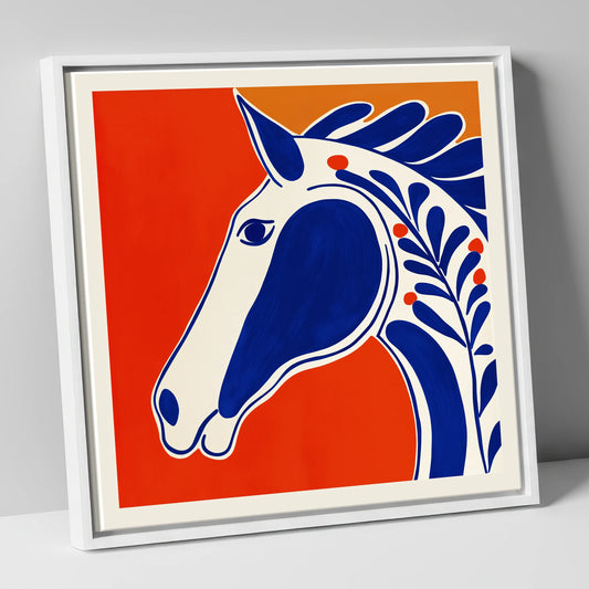 Bold Cobalt Equine Motif horse portrait canvas wall art in white frame