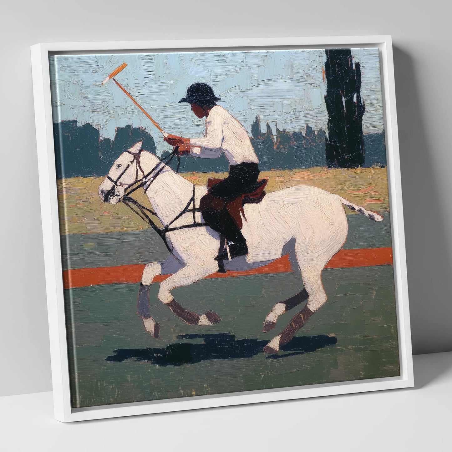 The Decisive Swing polo horse canvas wall art in white frame