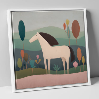 Tranquil Meadow Grey horse breed canvas wall art in white frame