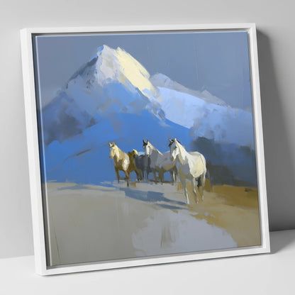 Sunlit Alpine Herd horse landscape canvas wall art in white frame