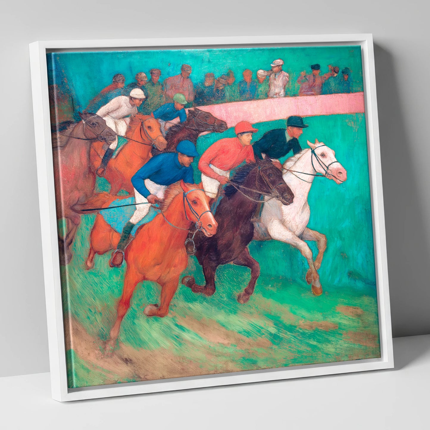 The Vibrant Furlong racing horse canvas wall art in white frame