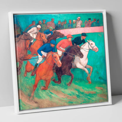 The Vibrant Furlong racing horse canvas wall art in white frame