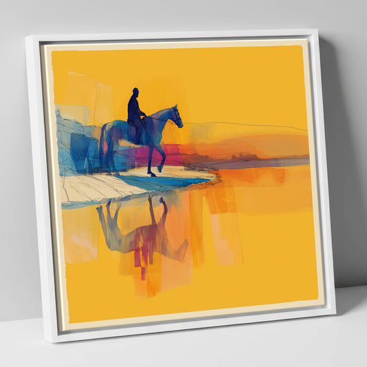 Golden Shoreline Traverse beach horse canvas wall art in white frame