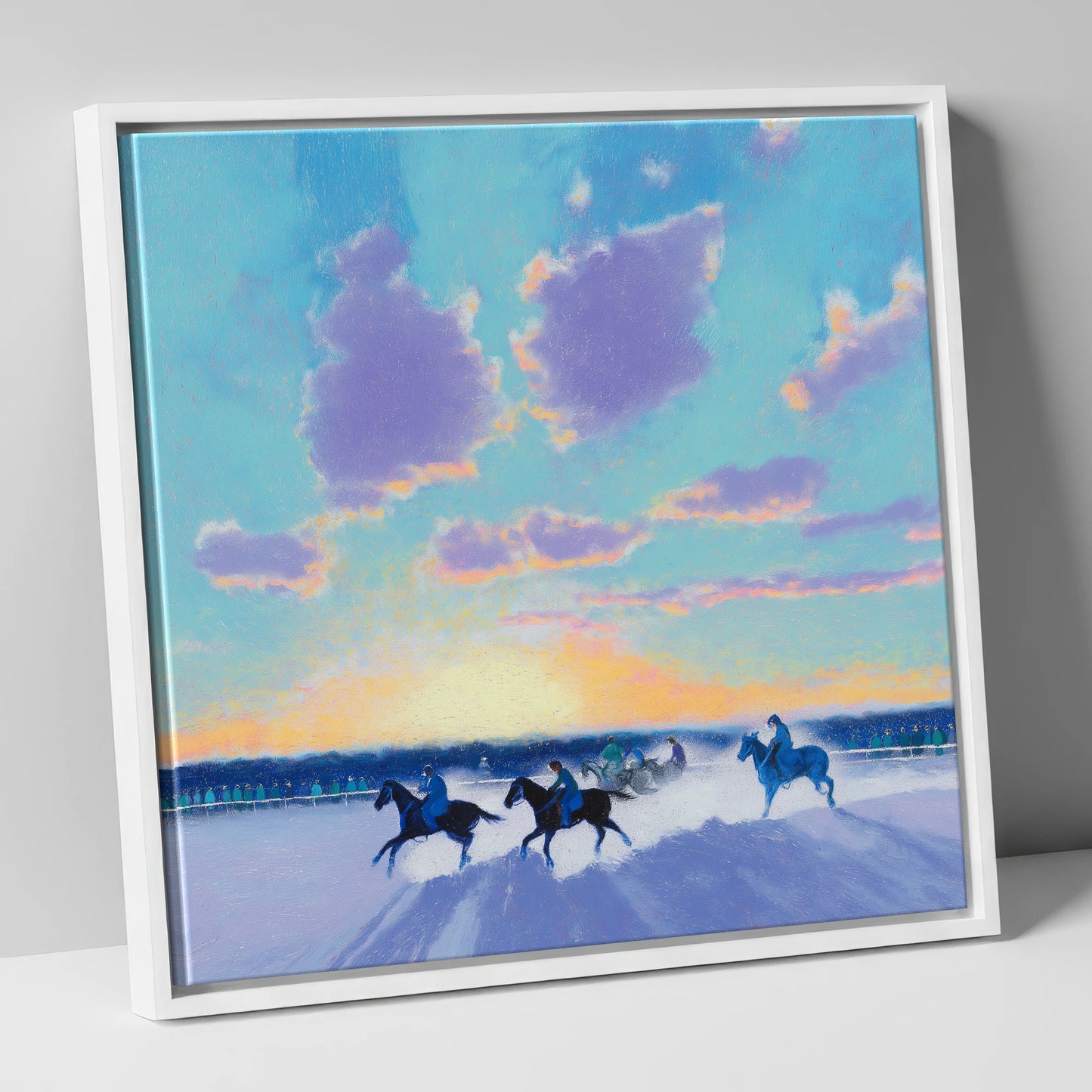 Winter Polo Dawn polo horse canvas wall art in white frame