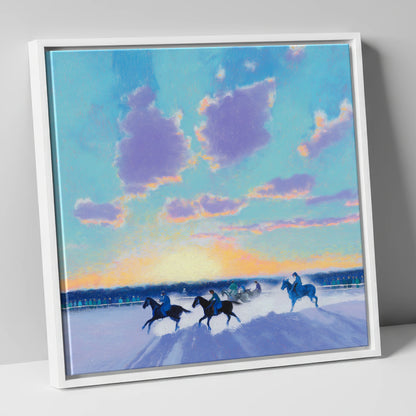Winter Polo Dawn polo horse canvas wall art in white frame