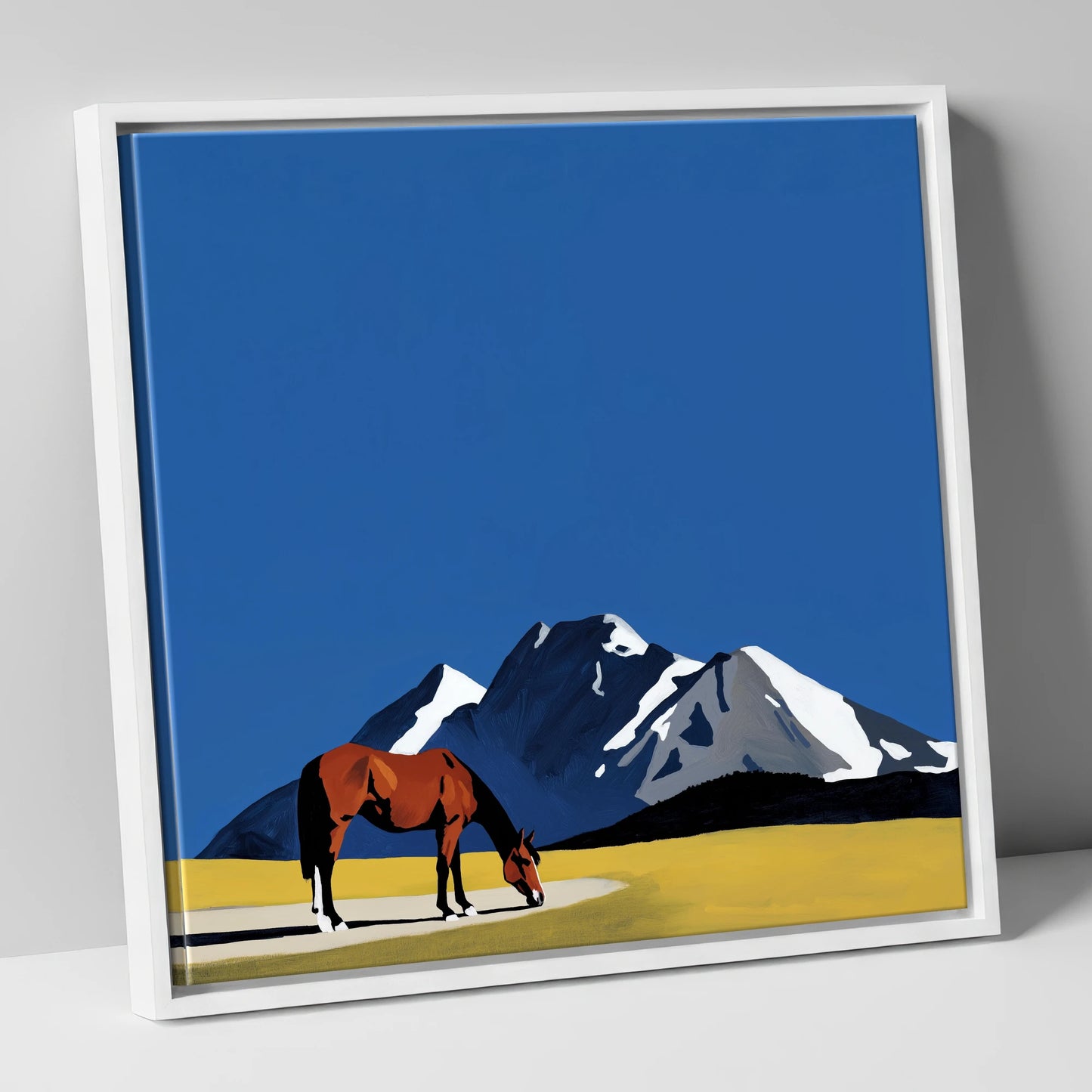Majestic Mountain Grazing horse landscape canvas wall art in white frame