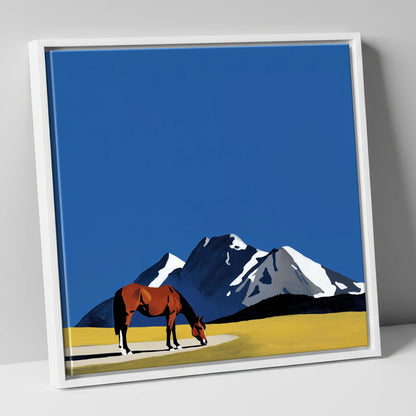 Majestic Mountain Grazing horse landscape canvas wall art in white frame