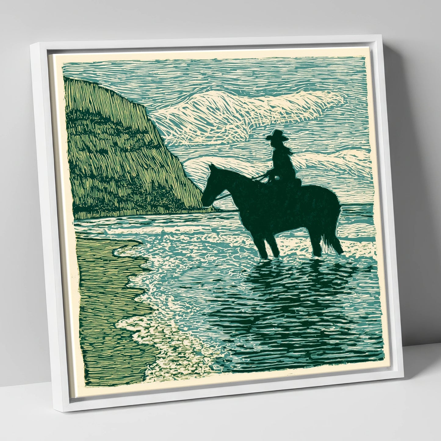 Edge of the Tide beach horse canvas wall art in white frame