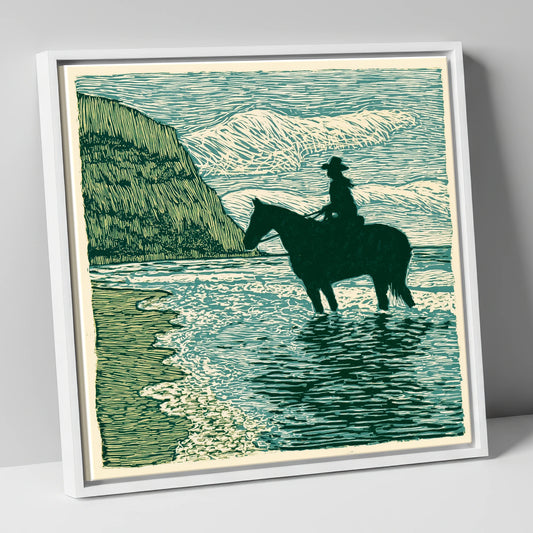 Edge of the Tide beach horse canvas wall art in white frame