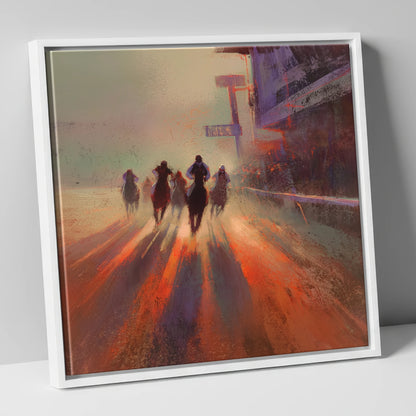 Shadows on the Track racing horse canvas wall art in white frame