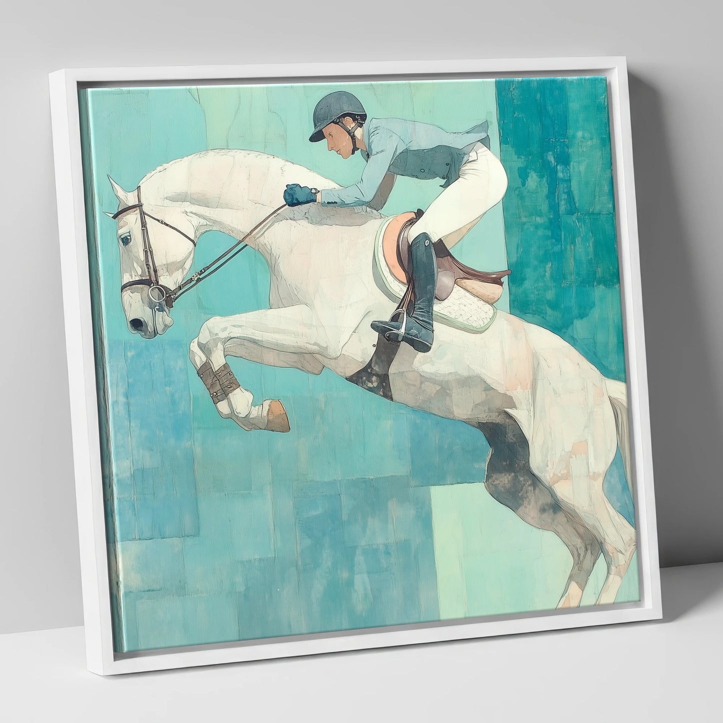 Airborne in Aquamarine show jumping horse canvas wall art in white frame