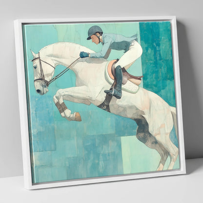 Airborne in Aquamarine show jumping horse canvas wall art in white frame
