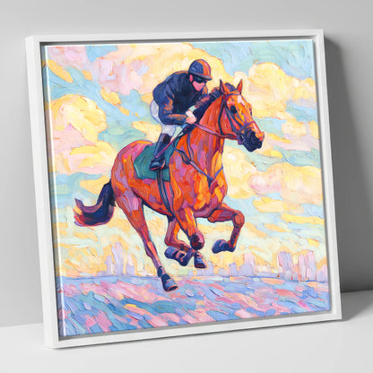 Technicolour Gallop racing horse canvas wall art in white frame