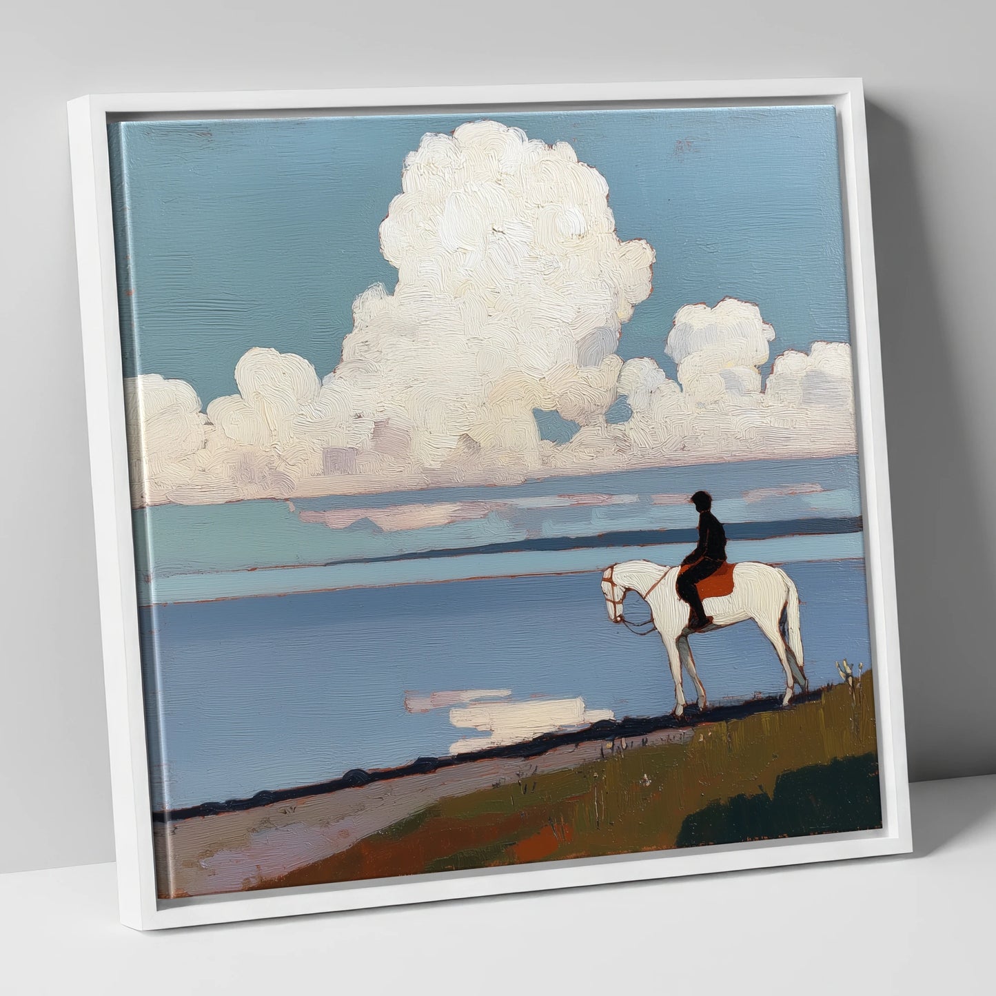 Coastal Contemplation beach horse canvas wall art in white frame