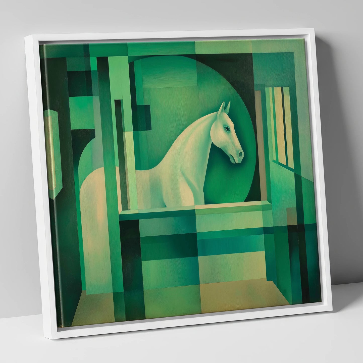 Emerald Stall Gaze horse stable canvas wall art in white frame