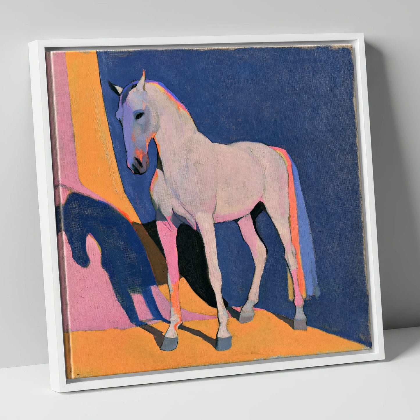 Colourful Grey Horse And Shadow horse breed canvas wall art in white frame