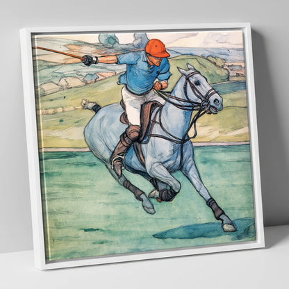 The Nearside Shot polo horse canvas wall art in white frame