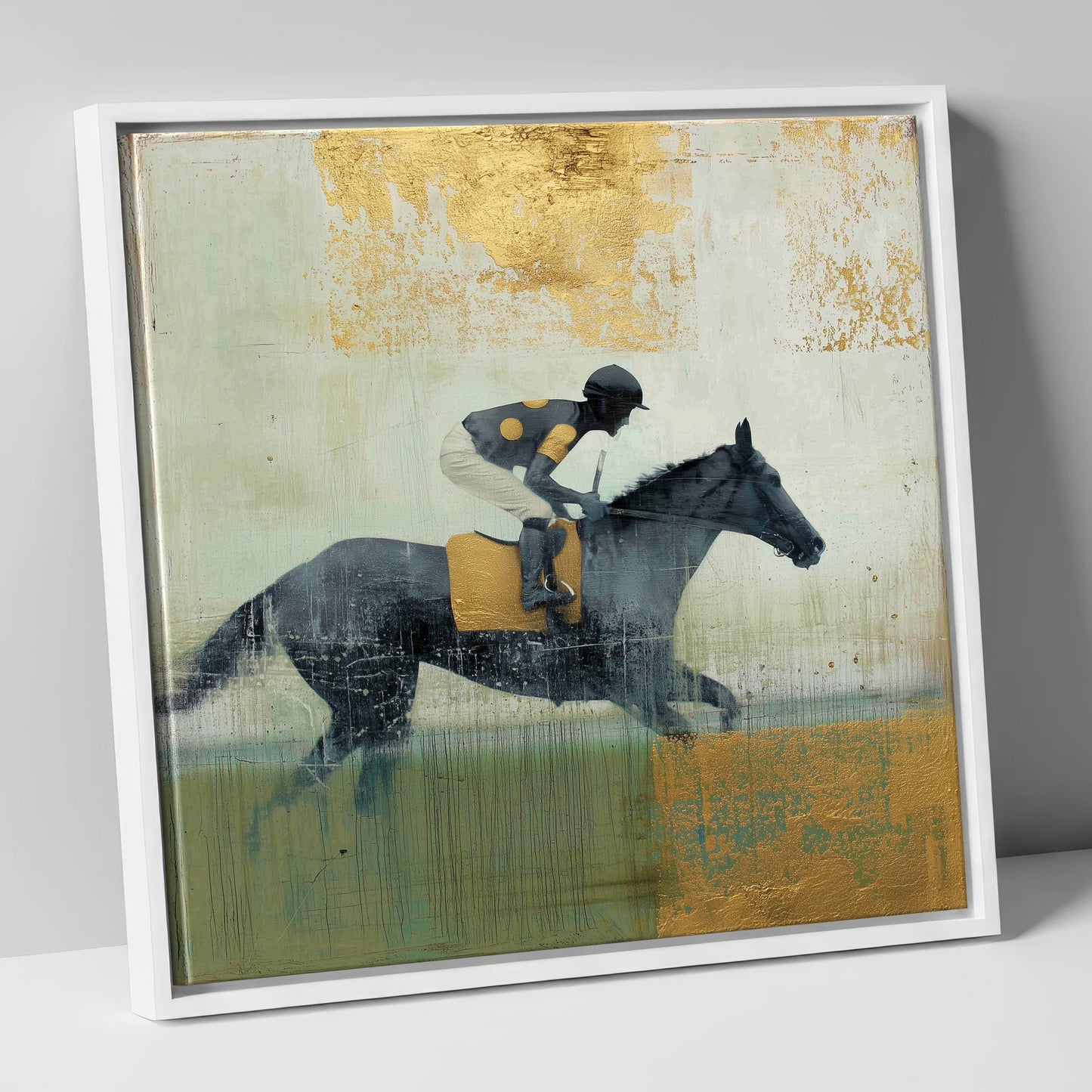 The Golden Furlong racing horse canvas wall art in white frame
