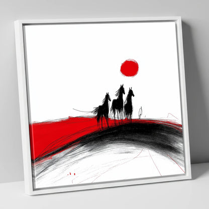 Crimson Sun Silhouettes horse landscape canvas wall art in white frame