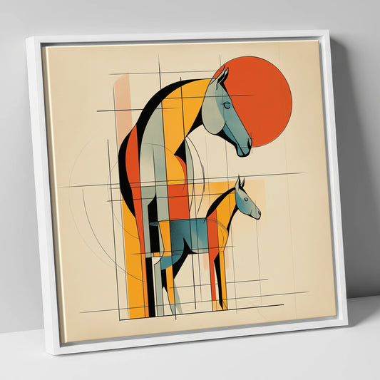 Geometric Ochre Mare and Foal mare & foal canvas wall art in white frame