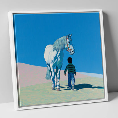 The Quiet Companion horse & rider canvas wall art in white frame