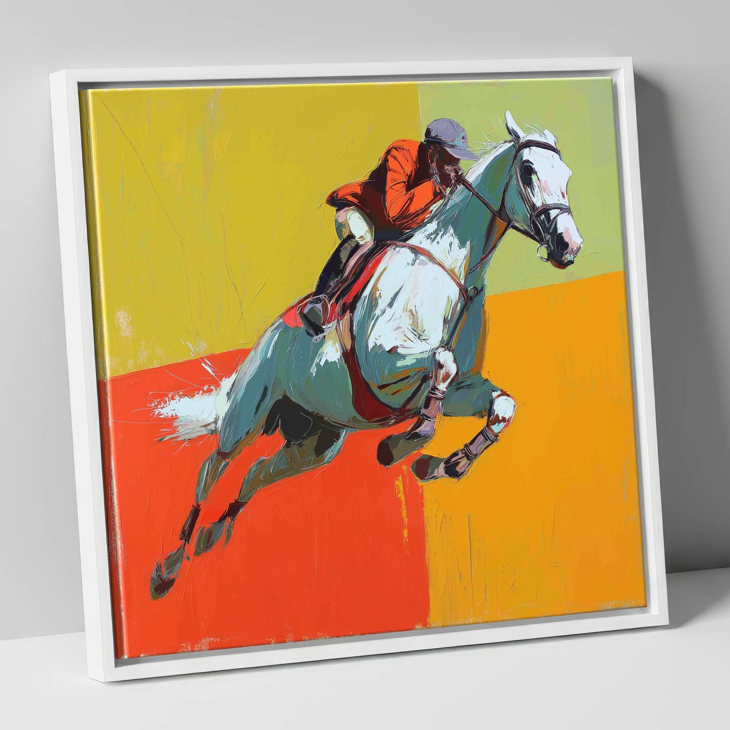 Momentum In Colour show jumping horse canvas wall art in white frame