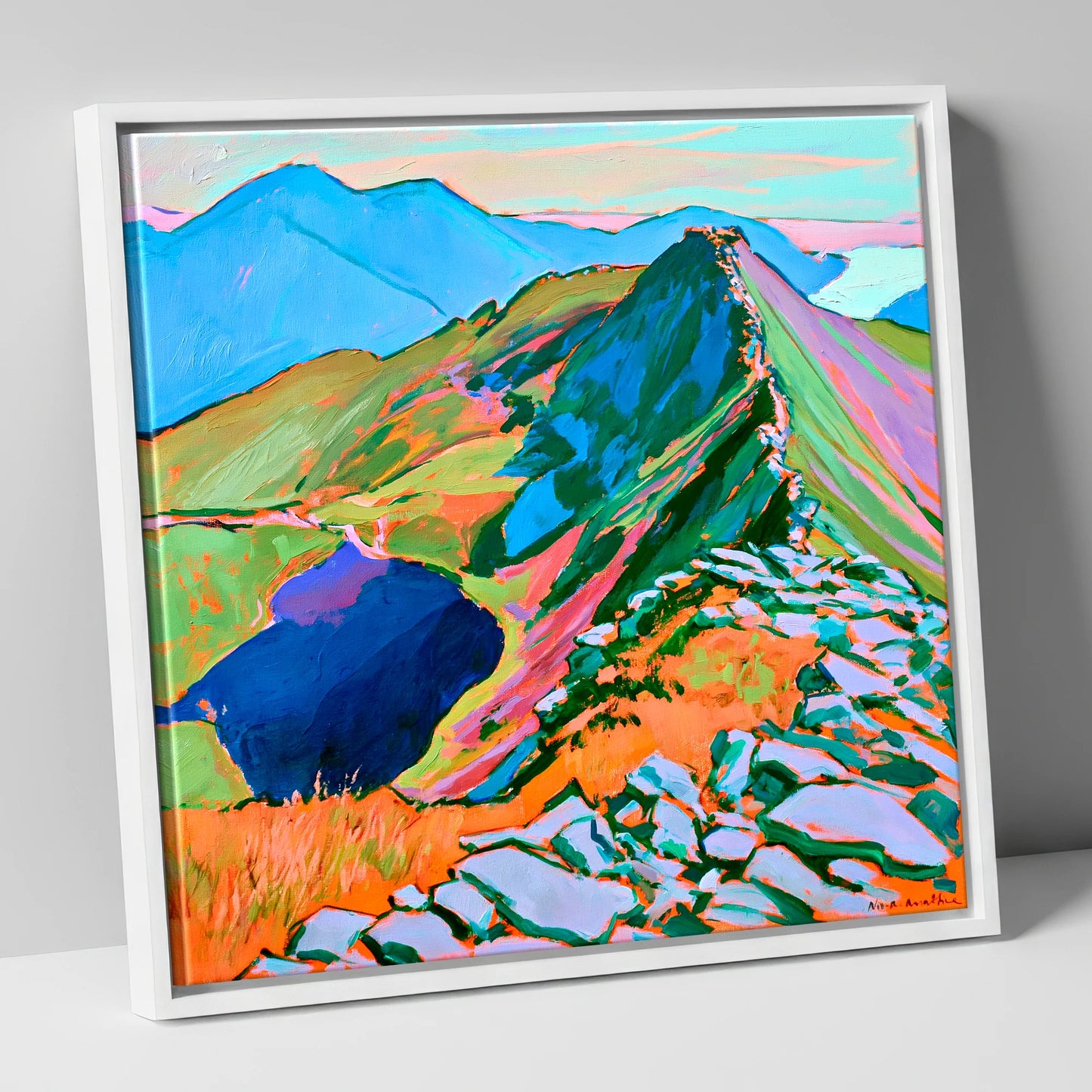Vibrant Mountain Ridge Landscape horse landscape canvas wall art in white frame