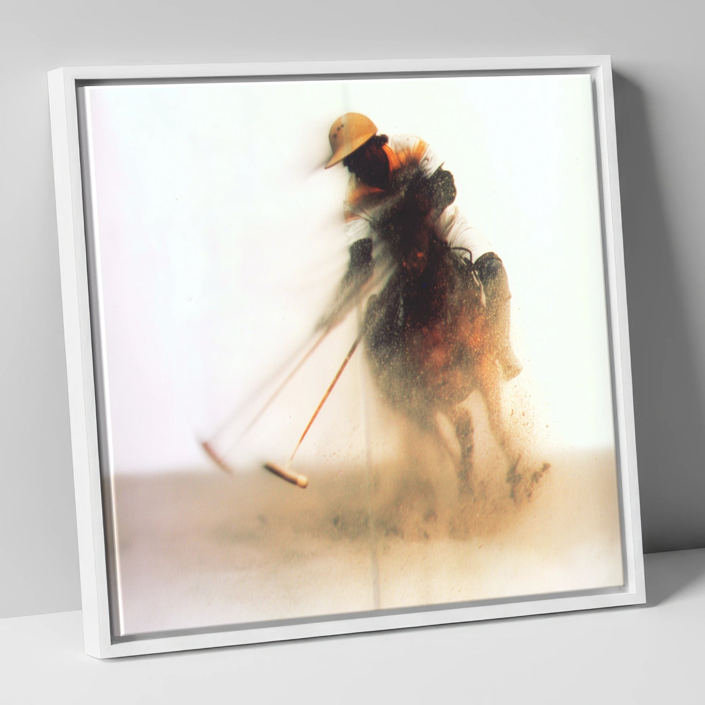 The Ethereal Chukka polo horse canvas wall art in white frame